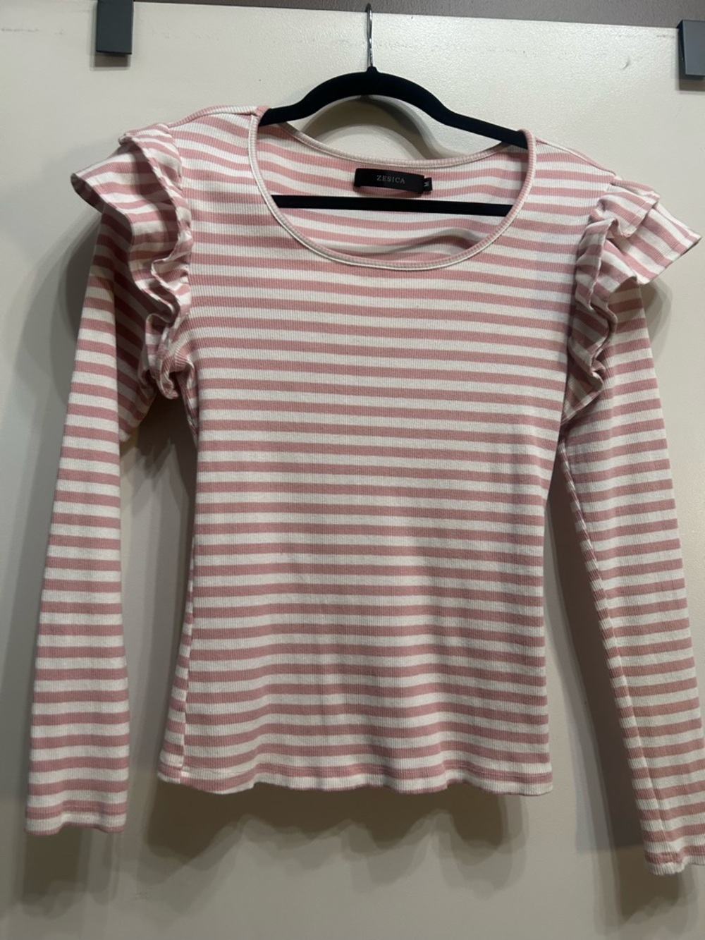 Zessica Pink & White Striped Long Sleeve Ruffle Tee